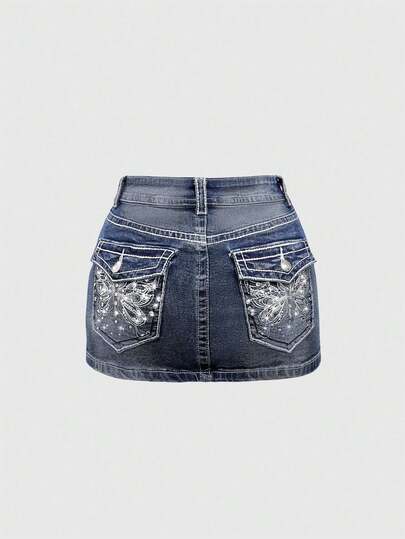 J-Fashion Minifalda de mezclilla con bordado de mariposa, cintura baja, ajustable y de color contrastante, estilo vintage Y2K para mujeres