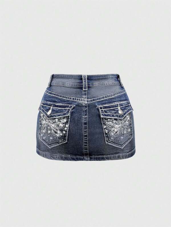 ROMWE J-Fashion Y2K Vintage Low-Waist Butterfly Embroidered Adjustable Contrast Color Denim Mini Skirt For Women