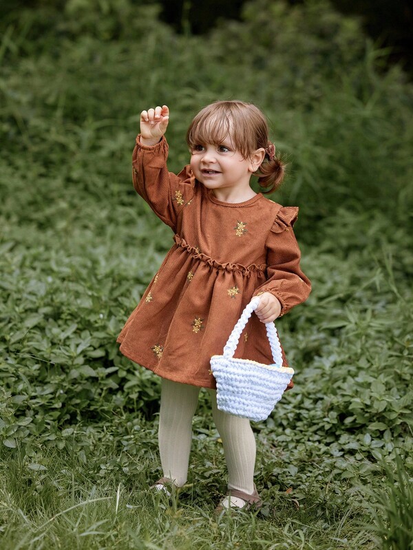 SHEIN Vintaside Kids Baby Girls' Corduroy Dress, Embroidered Floral Pattern, Elegant Countryside Style, Suitable For Spring, Autumn And Winter Transition Seasons Fall
