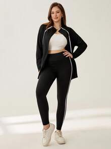 SHEIN Essnce 运动休闲女装加大码冬季休闲撞色拉链外套和紧身裤套装，适合秋季健身锻炼，冬季运动套装，秋冬运动服慢跑套装，女士慢跑套装 - 黑色 - 查看 7