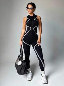 Dewbera 撞色饰边拉链前开无袖紧身连衣裤，夏季运动 - 黑色 - 查看 5