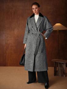MOTF PREMIUM 羊毛撞色尖领双排扣大衣，秋冬 - 灰色 - 查看 8