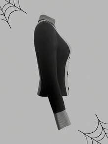 Rina Fox Áo sơ mi cổ polo kẻ sọc chắp vá thời trang nữ 2025 - màu đen - Xem 8