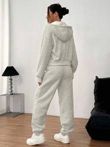 INAWLY Bộ 2 món áo nỉ có mũ trùm đầu và quần rút dây trơn màu dành cho nữ - Xám - Xem 2