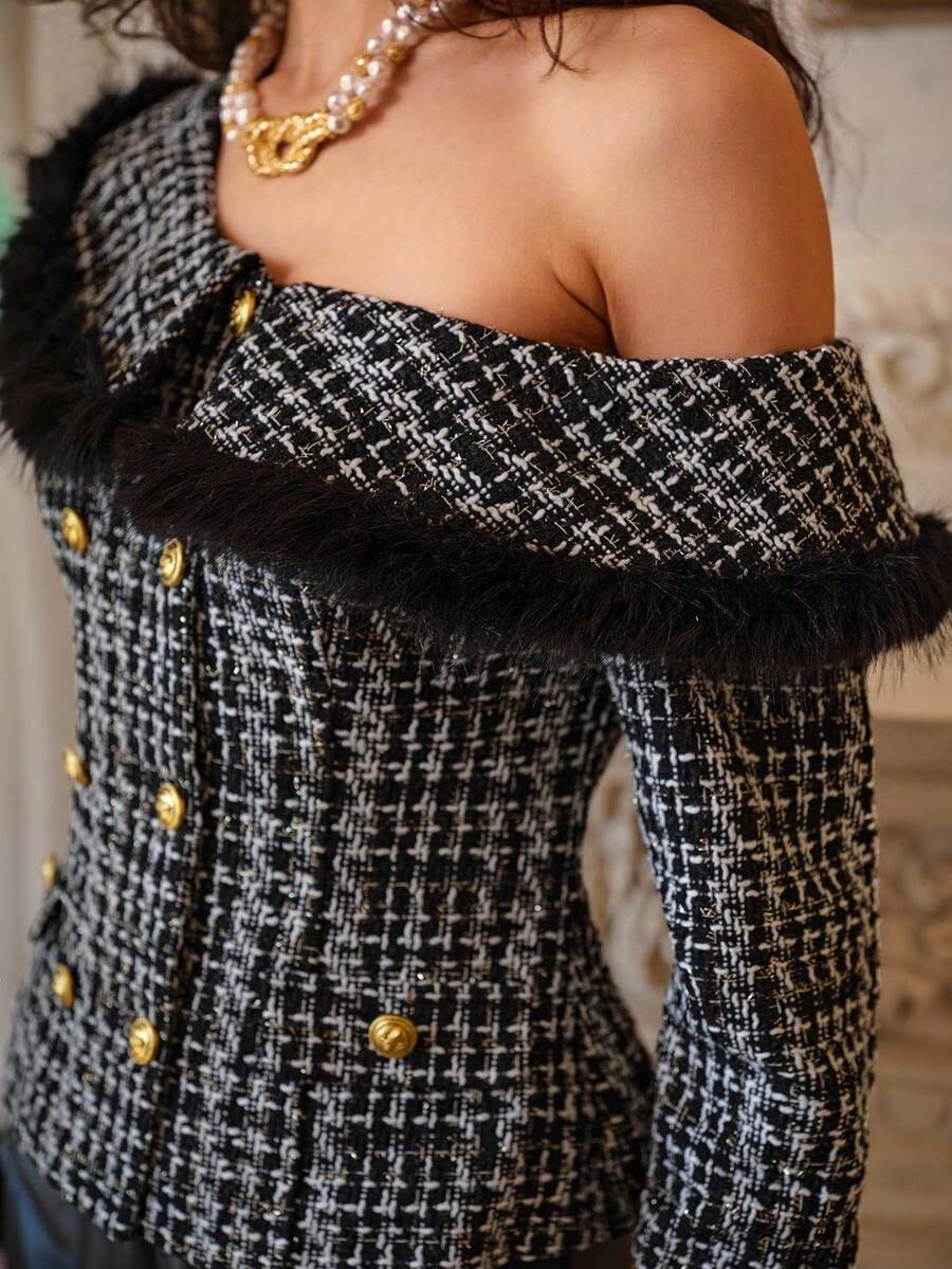 Glamine 女式黑色仿皮草镶边拼接斜肩双排扣夹克，秋冬 - 黑色 - 查看 1