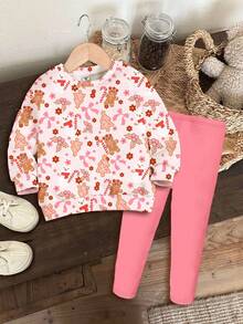 SHEIN 2 pièces/Set Jeune fille Mignon Bonhomme en pain d'épices de dessin animé, Bonhomme de neige, Ensemble de Sweat-shirt et leggings imprimés de Noël floraux, Tenue décontractée pour l'automne/l'hiver, Style de rue et vêtements d'intérieur