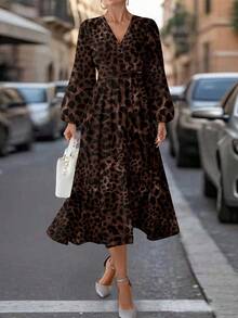 SHEIN Clasi 女士长款连衣裙，适合秋冬，咖啡色豹纹，适合通勤、外出、聚会 - 彩色 - 查看 1
