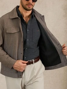 Manfinity Homme Men's Casual Button-Front Drop Shoulder Overcoat For Autumn Fieldstone Shirt Men Overshirt Men Shacket - Mocha Brown - View 8