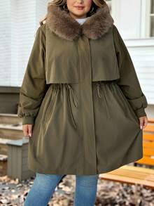 SHEIN CURVE+ Plus Size Women Casual Army Green Winter Parka,Hiking Long Padded Coat With Fur Hood,Lined,Drawstring Waist,Pockets,Ribbed Cuffs,Winter Jacket,8xl - Army Green - View 5