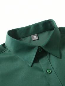Manfinity Mode Plus Size Men Solid Color Front Button Business Casual Long Sleeve Shirt, Fall, Formal, Ceremony - Dark Green - View 7