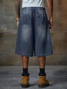 AXEPEAK 男士休闲日常水洗斜口袋宽松牛仔短裤，夏季 - 藍色 - 查看 2