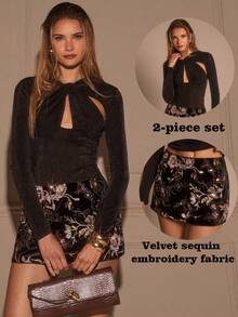SHEIN Glamour SHEIN Glamour Women's Fashion Black Solid Color Simple Casual Temperament Sexy Elegant Twisted Hollow Design Long Sleeve Tight Knit Versatile Top And Velvet Black Sequined Flower Heavy Embroidery New Chinese Style Chinese Style Retro Mid-Low Waist Mini Skirt Women's Two-Piece Setcropped Femininoハロウィンblack Skirtensemble Femmetopsnavidadconjuntosshort FemininoセットアップjumpersWomen At Workvintage Two-Piece Settrendy Basic AuStreetwearSequinDressAncient Florals