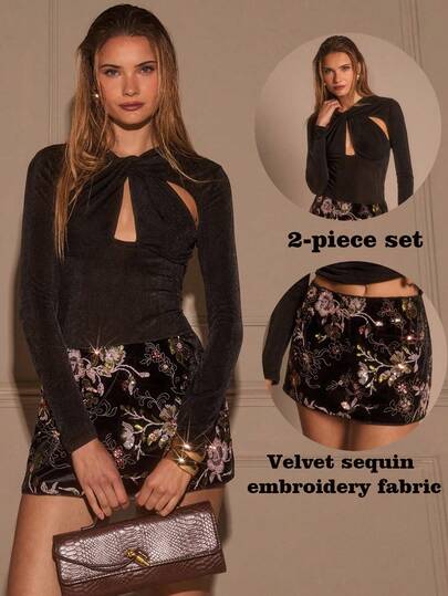 SHEIN Glamour Women's Fashion Black Solid Color Simple Casual Temperament Sexy Elegant Twisted Hollow Design Long Sleeve Tight Knit Versatile Top And Velvet Black Sequined Flower Heavy Embroidery New Chinese Style