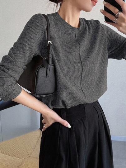 FRIFUL Women's Solid Khaki Round Neck Long Sleeve Loose Casual Versatile T-Shirt, Autumn