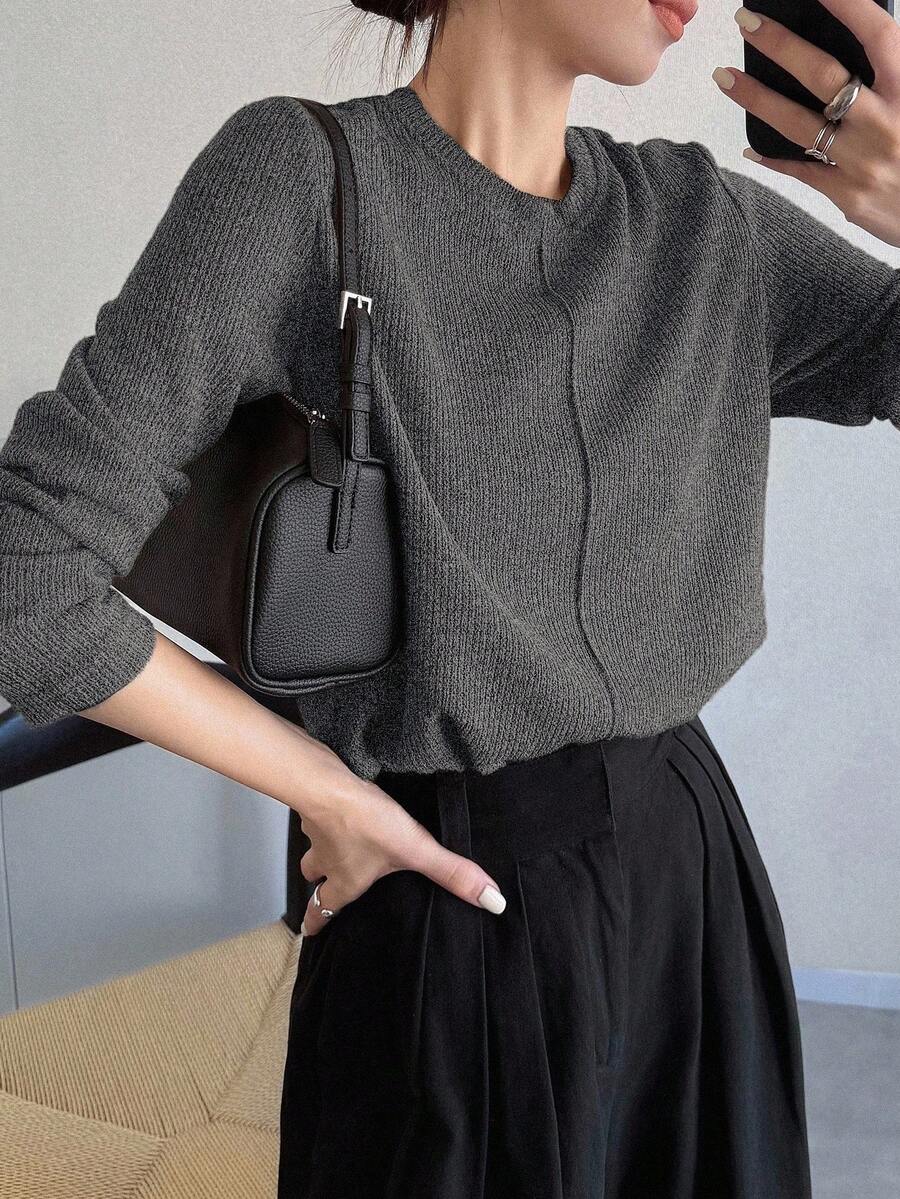 FRIFUL Women's Solid Khaki Round Neck Long Sleeve Loose Casual Versatile T-Shirt, Autumn