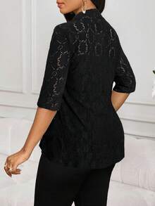 SHEIN Lady 2025年新款女士披肩领3/4袖前开优雅黑色蕾丝常规开衫秋冬女装 - 黑色 - 查看 2