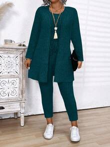 Conjunto casual de mujer talla grande con cárdigan de manga larga acanalado de unicolor, top de tirantes de cuello redondo y pantalones de unicolor - Verde - Ver 1