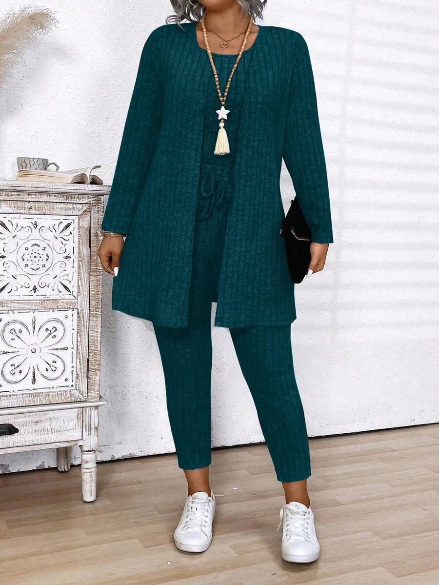 Conjunto casual de mujer talla grande con cárdigan de manga larga acanalado de unicolor, top de tirantes de cuello redondo y pantalones de unicolor - Verde - Ver 1
