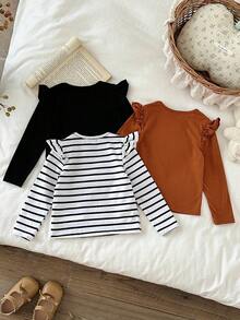 LMoss Kids LMoss 3pcs Baby Girl Solid Color Knit Crew Neck Flutter Sleeve Casual Top,Suitable For Autumn And Winter Wear,Baby Girl Long Sleeve Top, Infant Girl Tops, Toddler Flutter Sleeved Tops,Cozy Fall & Winter Styles - Multicolor - View 6