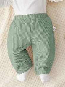 SHEIN Newborn Baby Soft Corduroy Fabric All-Match Versatile Sage Green Slant Pocket Loose Straight Leg Pants, Fashionable & Minimalist, Suitable For Home & Outdoor