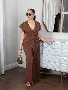 Melissa Matos 女士优雅裹身蝙蝠袖衬衫和宽松阔腿裤两件套，杏色编织，适合夏季外出、约会、度假 - 咖啡棕 - 查看 1