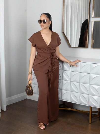 Melissa Matos 女士优雅裹身蝙蝠袖衬衫和宽松阔腿裤两件套，杏色编织，适合夏季外出、约会、度假