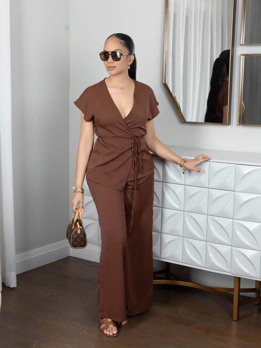 Melissa Matos 女士优雅裹身蝙蝠袖衬衫和宽松阔腿裤两件套，杏色编织，适合夏季外出、约会、度假 - 咖啡棕 - 查看 1