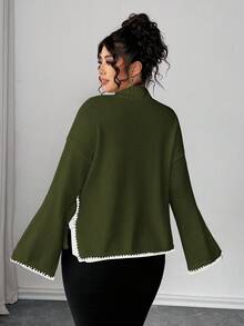 Elenzga Plus Size Casual Elegant Loose Colorblock Pullover Sweater - Army Green - View 2
