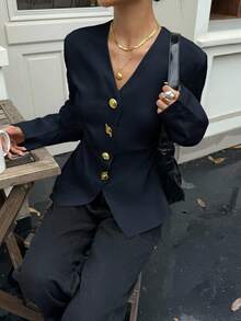 Siren Gaze 女士金属扣腰衬衫，秋冬新款休闲蓝 - 藏蓝色 - 查看 3