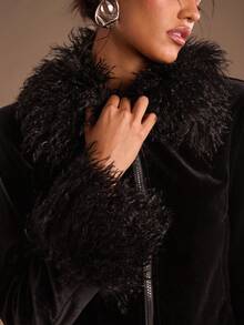 Glamine 女式性感优雅绒面流苏边无领长袖短款夹克 - 黑色 - 查看 3