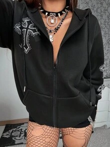 Whyspr Grunge Punk Plus Size Women's Fashionable Cross Print Design Sweatshirt - Black - View 8