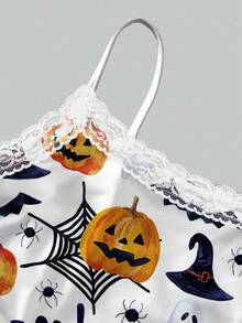 Glamance Vecteezy Halloween Sexy Pumpkin, Ghost, Bat, Spider Web Cute Print Lace Camisole And Ruched Shorts 2 Pieces Set, Suitable For Halloween, Party, Intimate Apparel