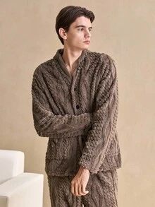 男士长袖提花毛绒上衣和长裤睡衣套装，秋冬保暖舒适