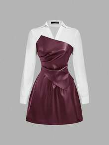 SHEIN MOD Women's Casual Long Sleeve PU Leather Patchwork Mini Dress, Autumn Christmas Party Dress Collared Dress Wine Dress Elegant Dress,Autumn/Winter,Halloween Clothes, Christmas Women's Clothing ,New Year Women's Clothes,Thanksgiving, - Burgundy - View 2