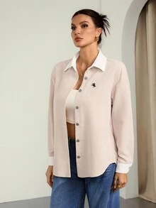 SHEIN Tall Women's Fall Drop Shoulder Single-Breasted Corduroy Embroidered Jacket - Apricot - View 8
