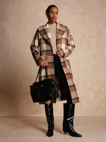 Lyxana Áo khoác ngoài dài thắt eo kẻ caro cho nữ - màu nâu - Xem 4