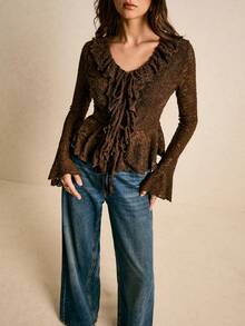 Poéselle 女式荷叶边领口前系带喇叭袖时尚衬衫 - 棕色 - 查看 2