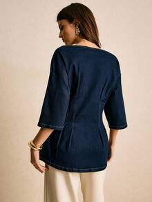 Poéselle 女式休闲牛仔上衣，荷叶边下摆，收腰，秋季半袖上衣女式亚麻上衣女式荷叶边上衣女式方领上衣收腰上衣女式上衣女式秋季服装圣诞节圣诞节新年女式休闲衬衫女式紧身胸衣上衣女式上衣性感女式上衣外出上衣 - 深色水洗藍 - 查看 3