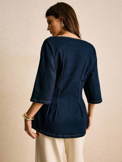 Poéselle Women's Casual Denim Top With Ruffle Hem, Waist Cinched, Autumn Half Sleeve Tops Women Linen Tops Women Peplum Tops For Women Square Neck Tops Cinched Waist Top Women Tops Fall Clothes For Women Christmas Christmas New Year Women Casual Blouses For Women Corset Top Women Tops Sexy Women Tops Going Out Tops Tops For Women Elegant Formal Top Modest Top Business Casual Tops Woman