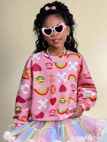Paul Frank X SHEIN Tween Girls Four Seasons Cartoon Pattern Round Neck Sweatshirt Fall Winter - Pink - View 4