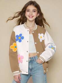 Girls' Casual Colorful 3D Floral Contrast Color Baseball Jacket, Spring/Autumn - Khaki - View 5