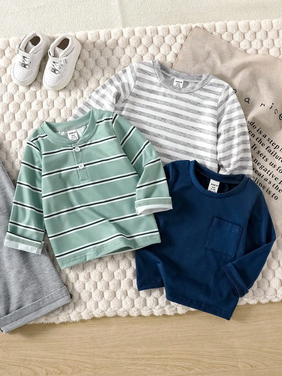 SHEIN 3pcs Boys' Long Sleeve T-Shirts, Solid Color + Grey Striped + Green Striped, Versatile All-Match Tops For Autumn/Winter - Multicolor - View 1