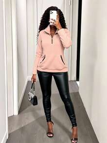 BamGleam Women's Zipper Pocket Plush Pullover Sweatshirt,Winter Coat,Winter,Thermal Fall - Baby Pink - View 5