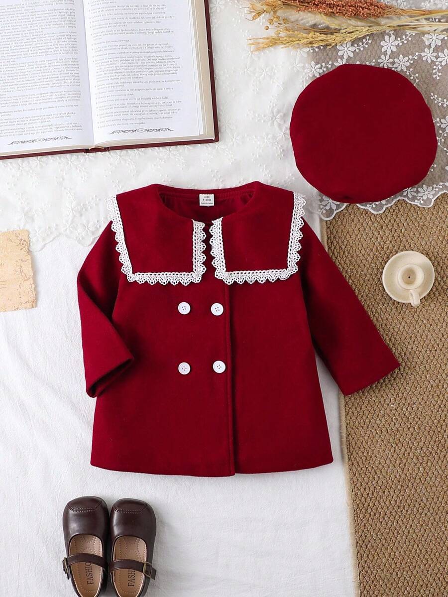 SHEIN 2pcs/Set Fall Dresses For Girl Elegant Casual,Long Sleeve Lace Decoartion Preppy Dress&Hat