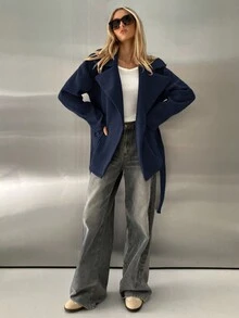 Aloruh 女士厚款翻领口袋宽松大衣，藏蓝色，适合秋冬季穿着 - 藏蓝色 - 查看 5