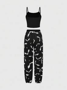 ROMWE Bộ đồ ngủ quần dài dây đeo kiểu Gothic Bat Strap - màu đen - Xem 2