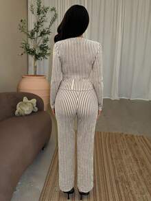 Vavine 2pcs Apricot & Black Striped Elegant Metal Button Decor Long Sleeve Lightweight Women Set - Multicolor - View 2