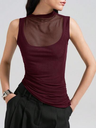 Ontre 2026 Spring/Summer New Asymmetric Asymmetrical Hem Oblique Collar Sleeveless Women's T-Shirt, Urban Commute Business Casual Wear, Office Lady Teacher Basic Top, Outdoor Top