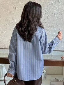 DAZY 女童条纹领长袖梭织衬衫，秋季 - 藍色 - 查看 4