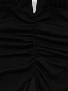 Sweetra 大码纯色露背吊带腰喇叭裙 - 黑色 - 查看 3